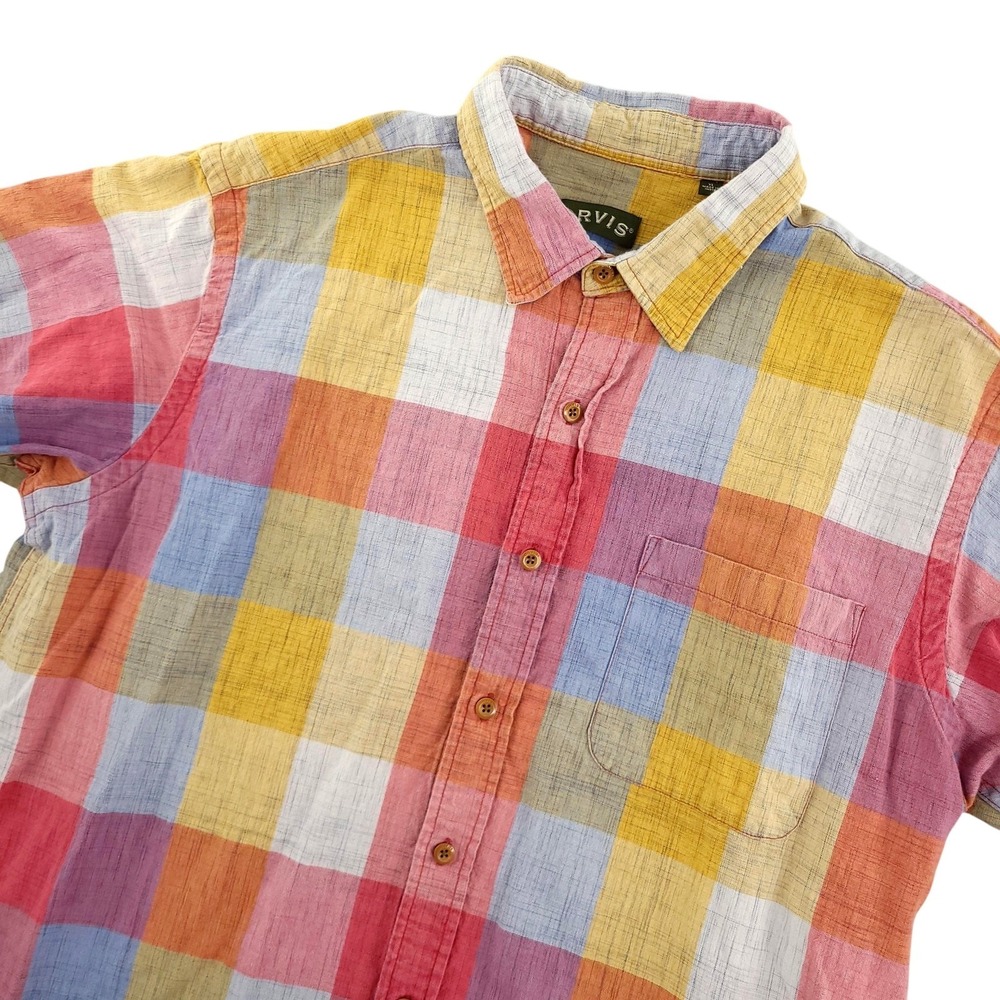 Orvis Shirt Mens XL Multicolor Plaid Short Sleeve Button Up Cotton Casual Summer